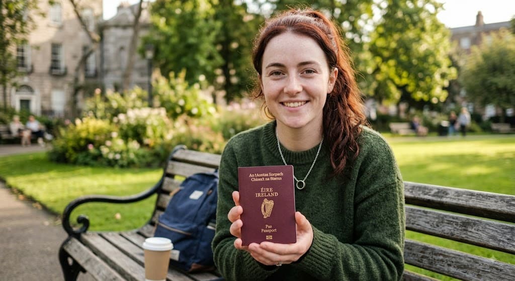 Smiling woman holding her Irish passport in a Dublin park